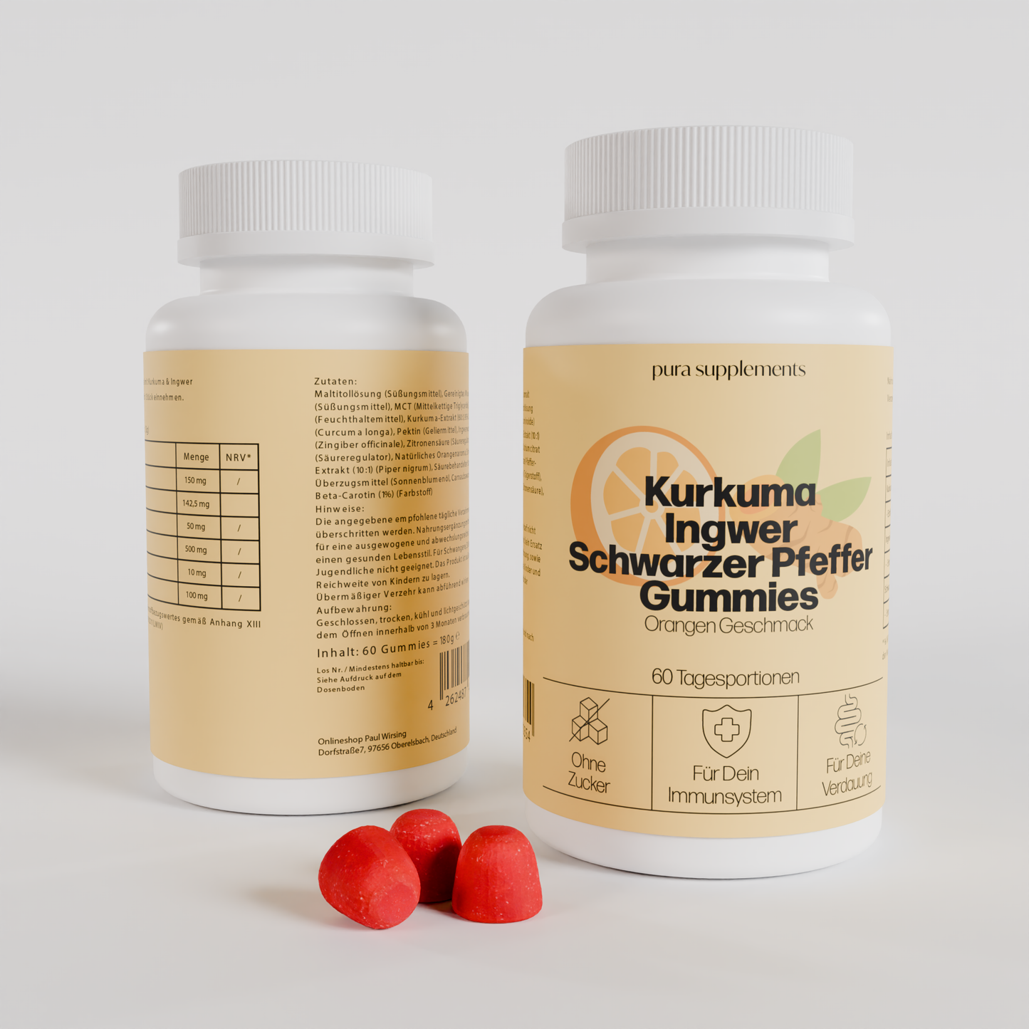 Kurkuma + Ingwer + schwarzer Pfeffer Gummies - Orangen Geschmack